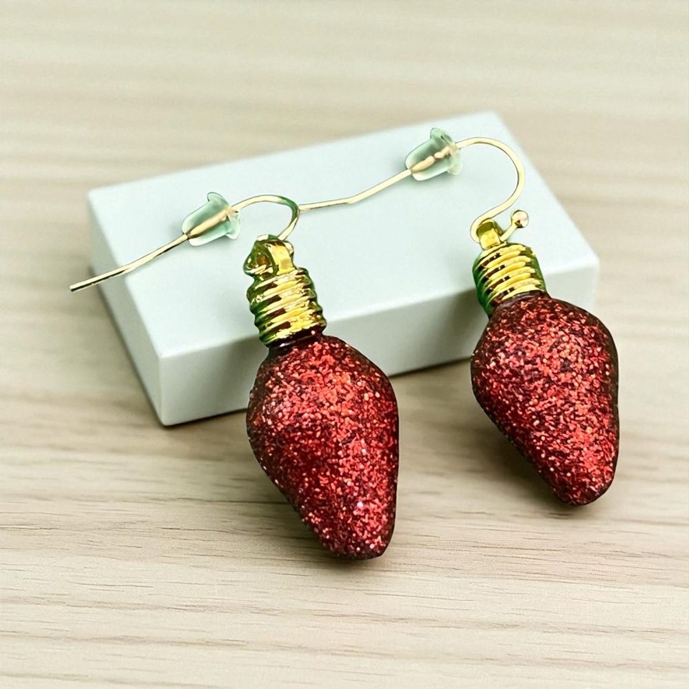Sparkly Christmas Bulb Statement Earrings - Red